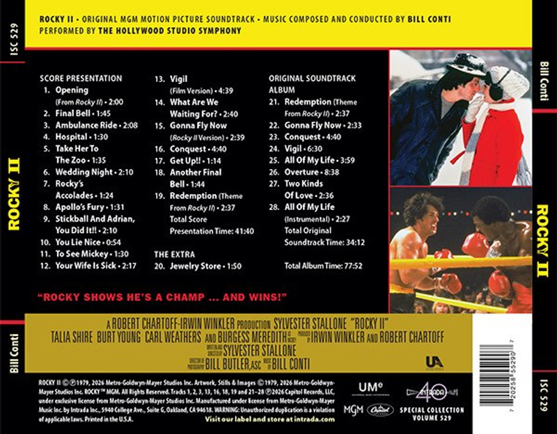Album cover for Rocky II (Expanded Original MGM Motion Picture Soundtrack) by Bill Conti - Intrada 2026
