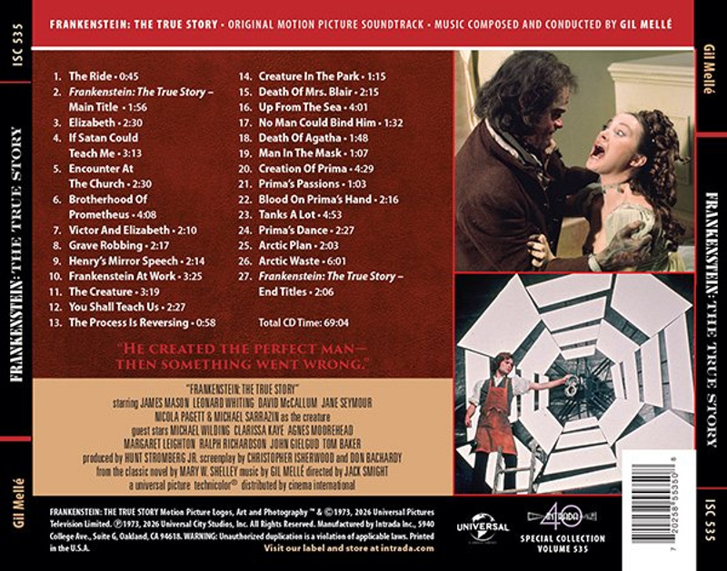 Album cover for Frankenstein: The True Story (Original Television Soundtrack) by Gil Mellé - Intrada 2026