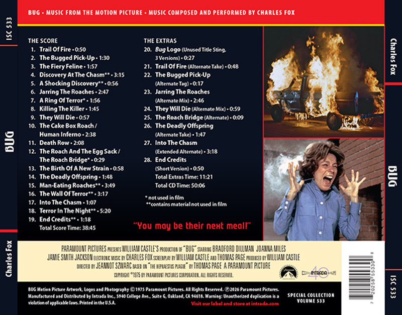 Album cover for Bug (Music From the Motion Picture) by Charles Fox - Intrada 2026